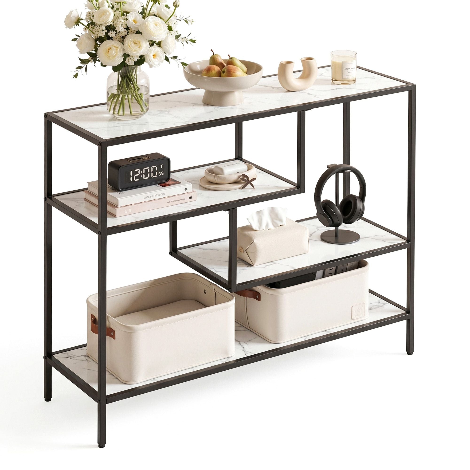 Console Table Entryway Hallway Marble Effect 4-Tier Storage Shelves White