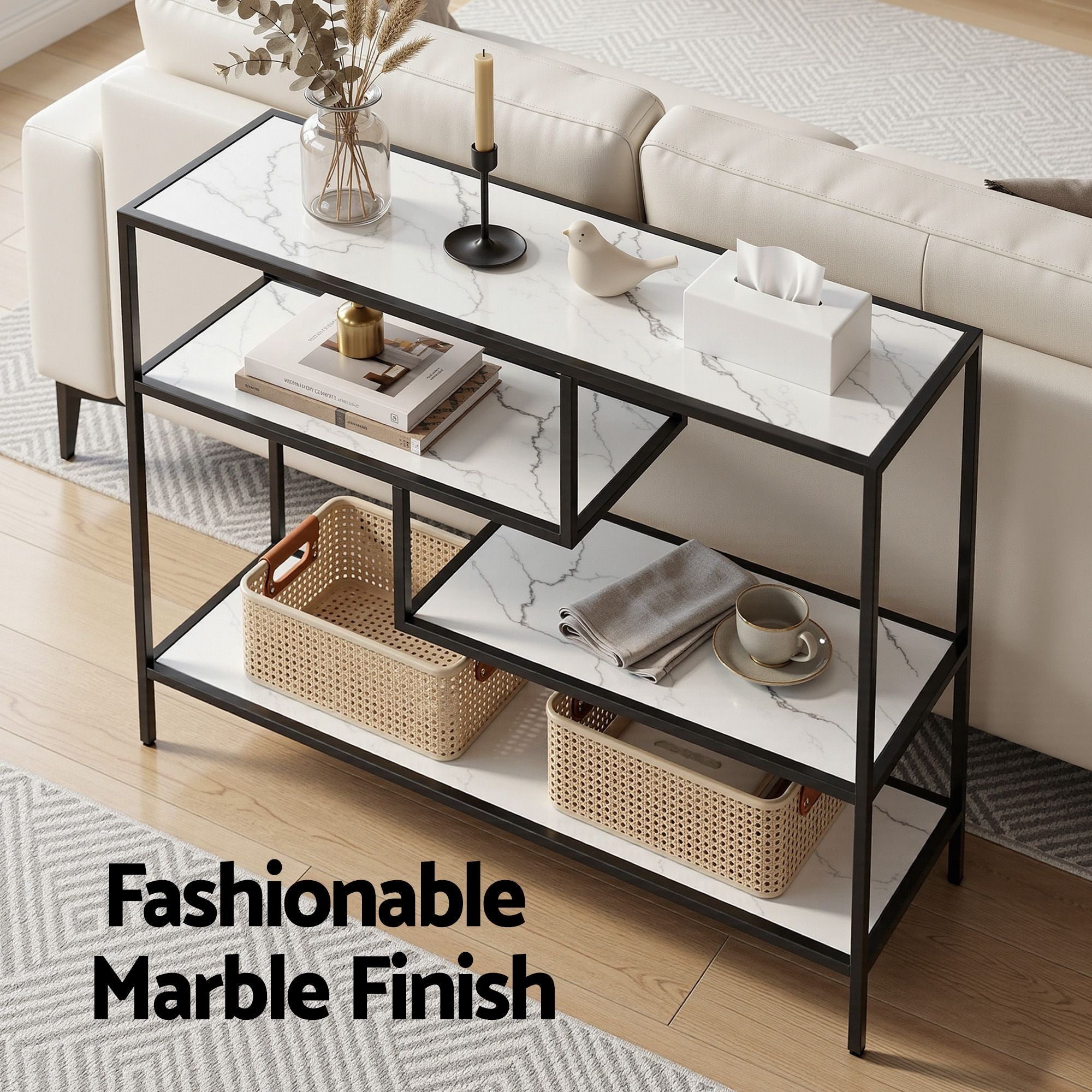 Console Table Entryway Hallway Marble Effect 4-Tier Storage Shelves White
