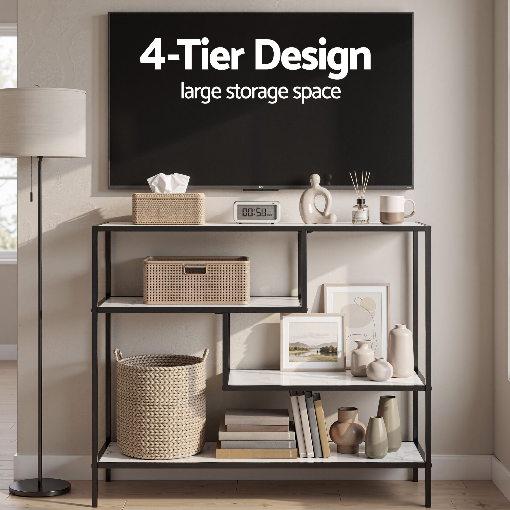 Console Table Entryway Hallway Marble Effect 4-Tier Storage Shelves White
