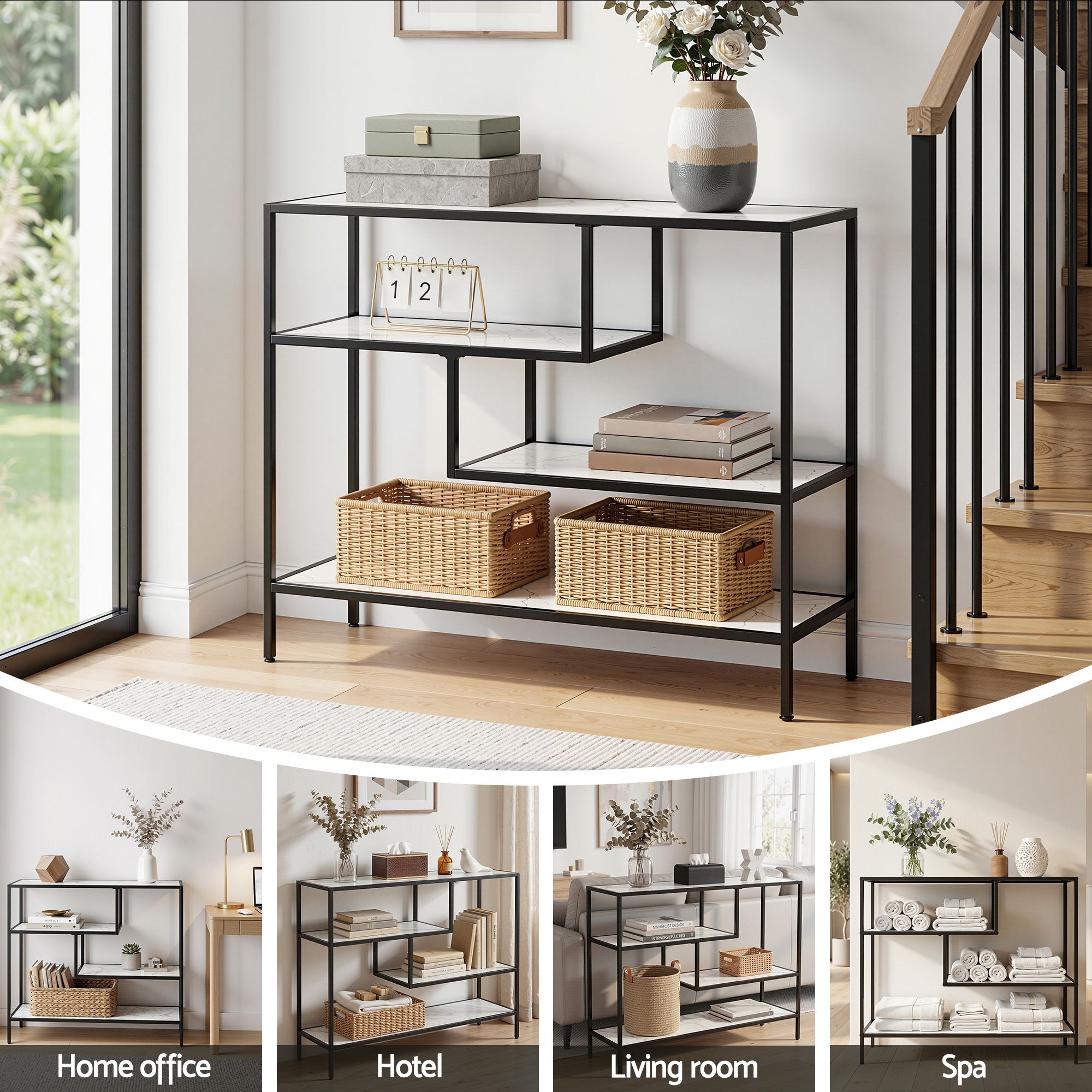 Console Table Entryway Hallway Marble Effect 4-Tier Storage Shelves White