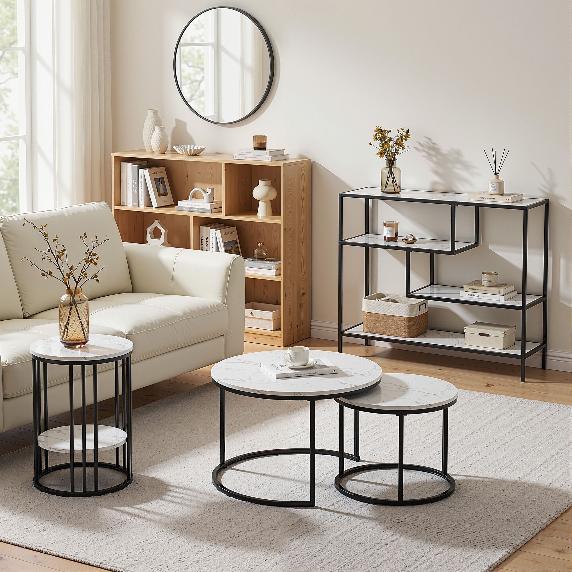 Console Table Entryway Hallway Marble Effect 4-Tier Storage Shelves White