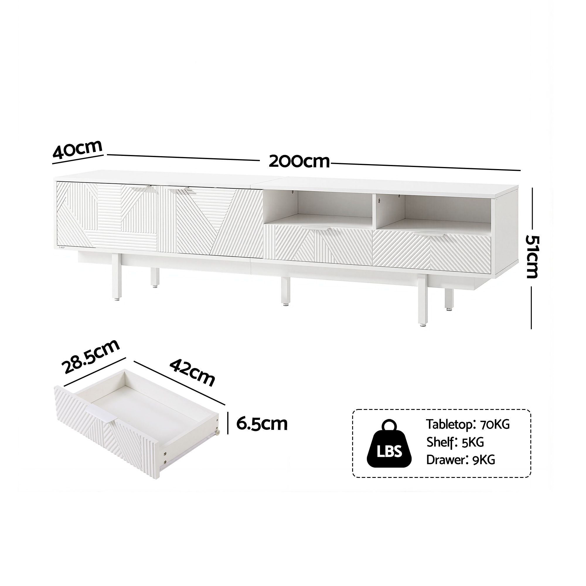 TV Unit Entertainment Unit Storage Cabinet Drawer 200cm White