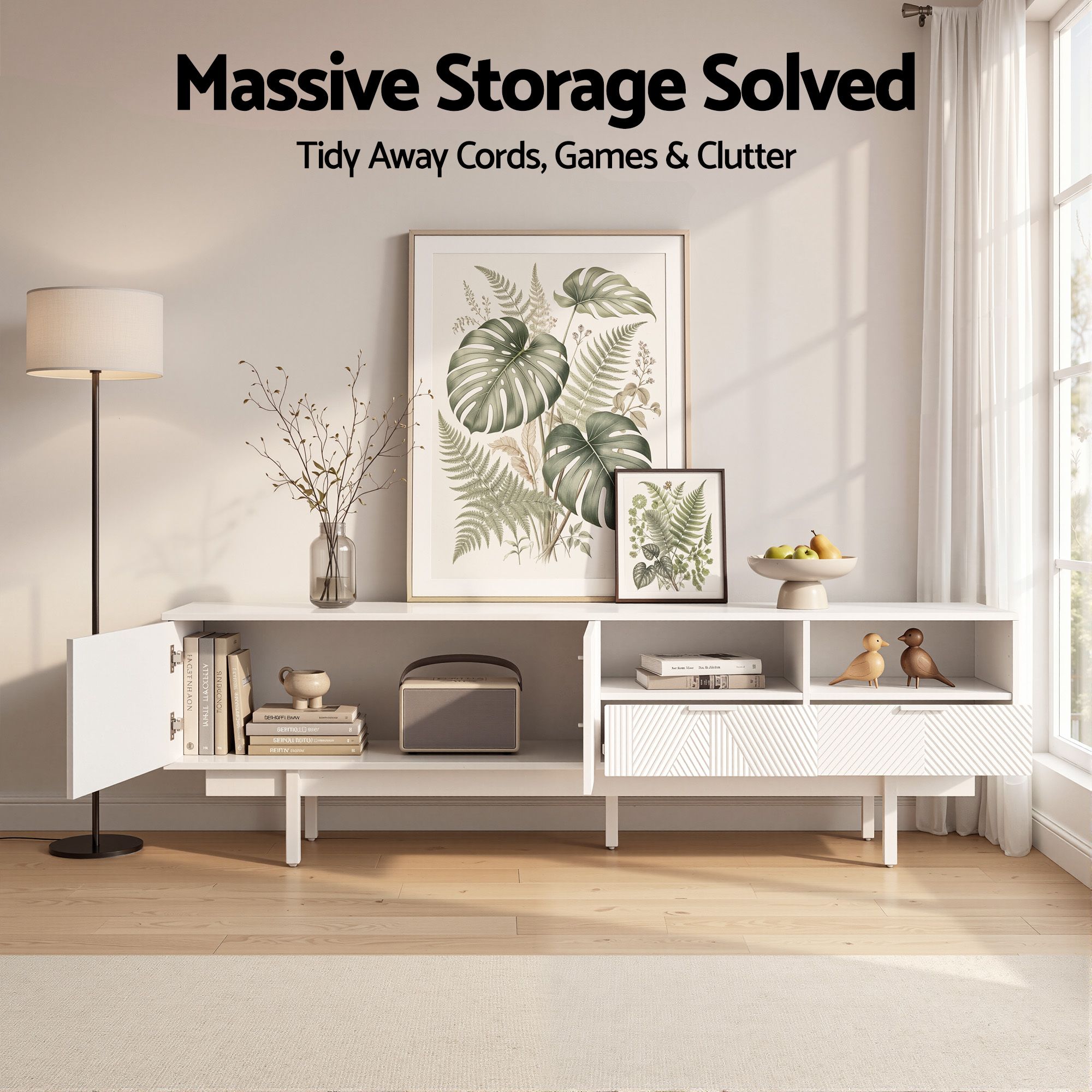 TV Unit Entertainment Unit Storage Cabinet Drawer 200cm White