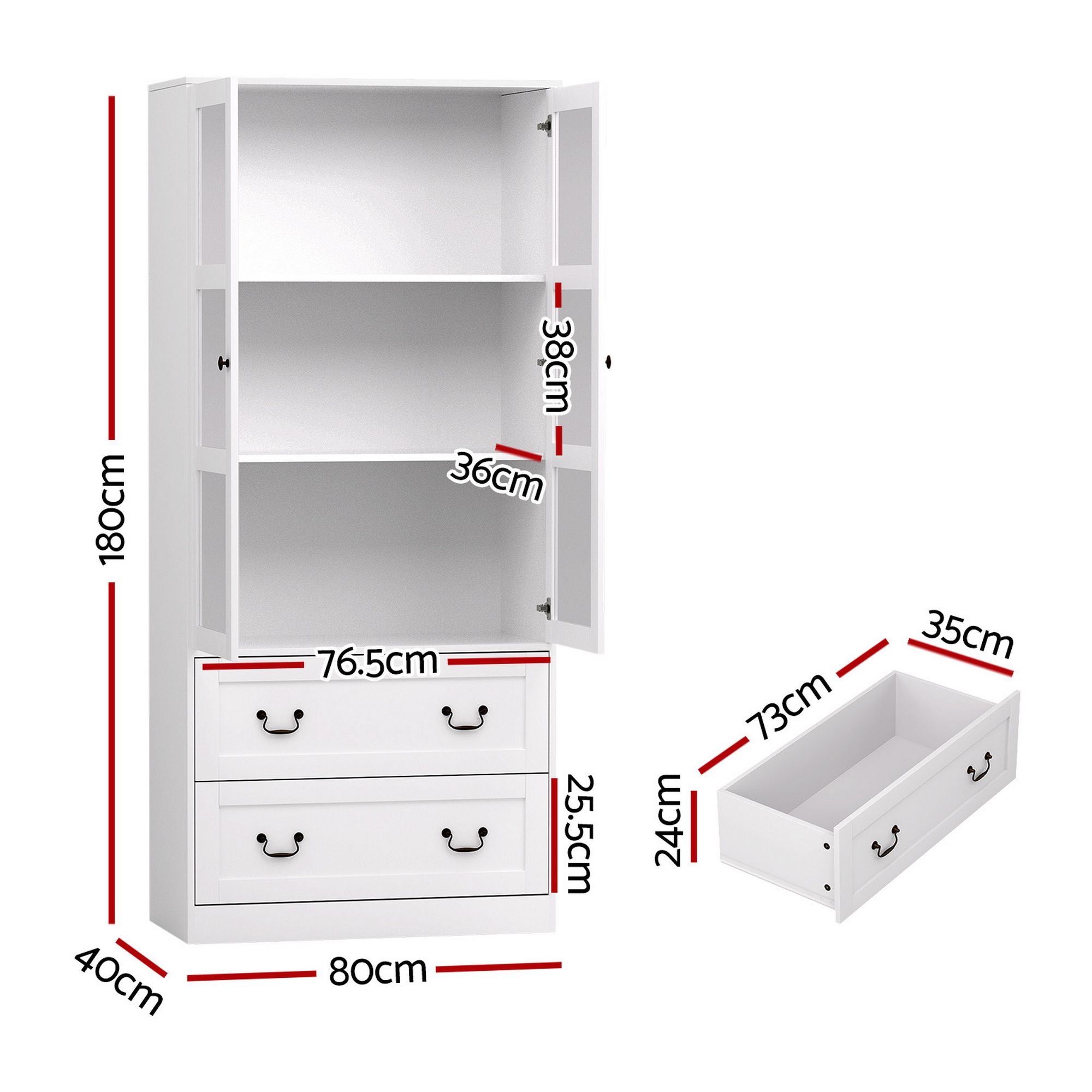 Buffet Sideboard Cabinets X2 180cm Hutch Storage Kitchen Clear Door White