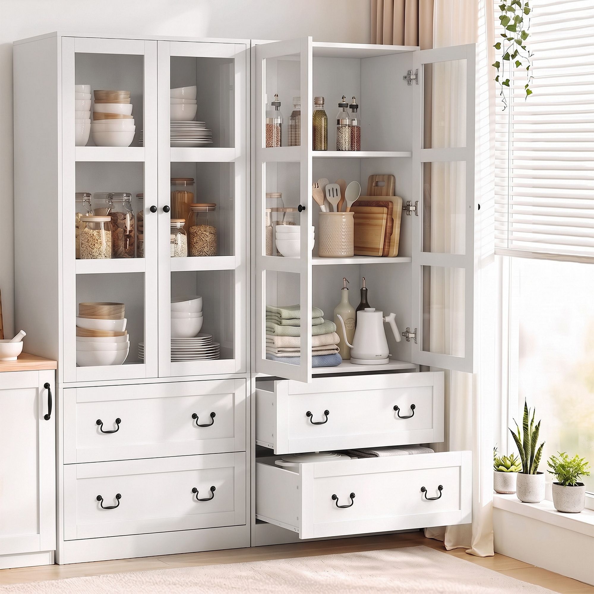 Buffet Sideboard Cabinets X2 180cm Hutch Storage Kitchen Clear Door White