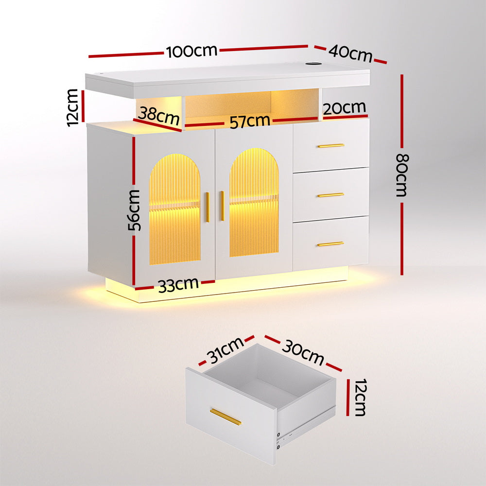 Buffet Sideboard Cabinet LED Clear Door Kitchen Storage Drawers White