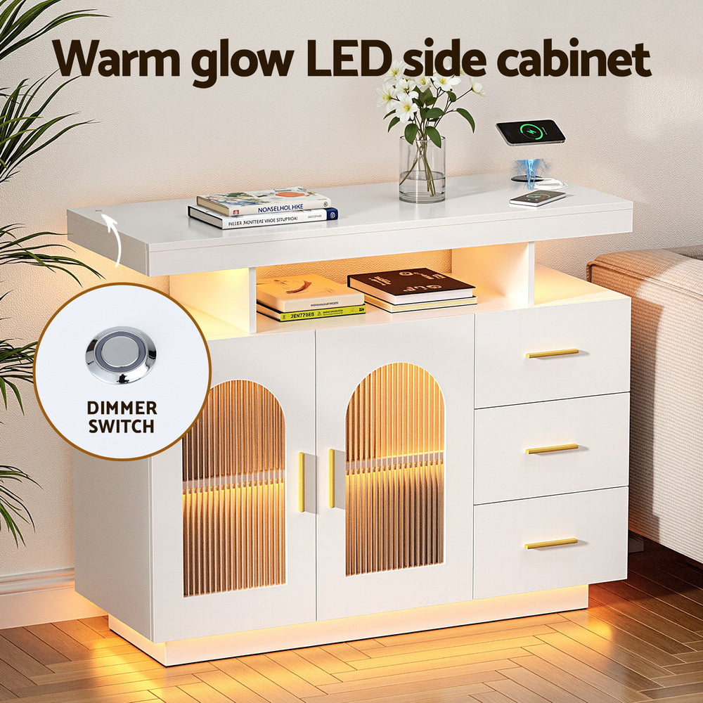 Buffet Sideboard Cabinet LED Clear Door Kitchen Storage Drawers White