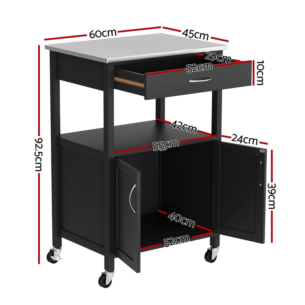 Kitchen Island Trolley with Drawer, Cupboard & Rolling Casters 60cm - Black & Silver