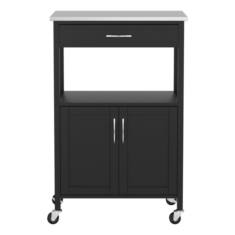 Kitchen Island Trolley with Drawer, Cupboard & Rolling Casters 60cm - Black & Silver
