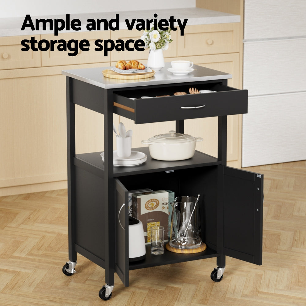 Kitchen Island Trolley with Drawer, Cupboard & Rolling Casters 60cm - Black & Silver