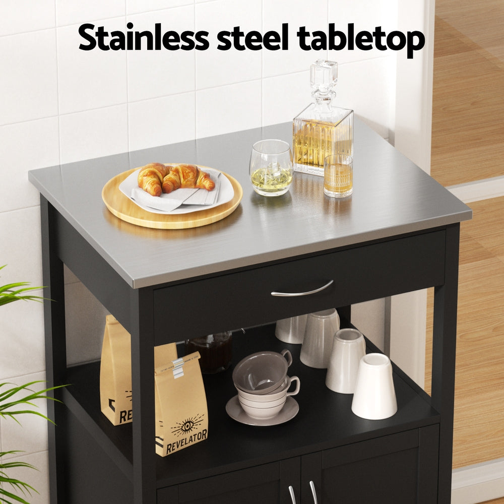 Kitchen Island Trolley with Drawer, Cupboard & Rolling Casters 60cm - Black & Silver