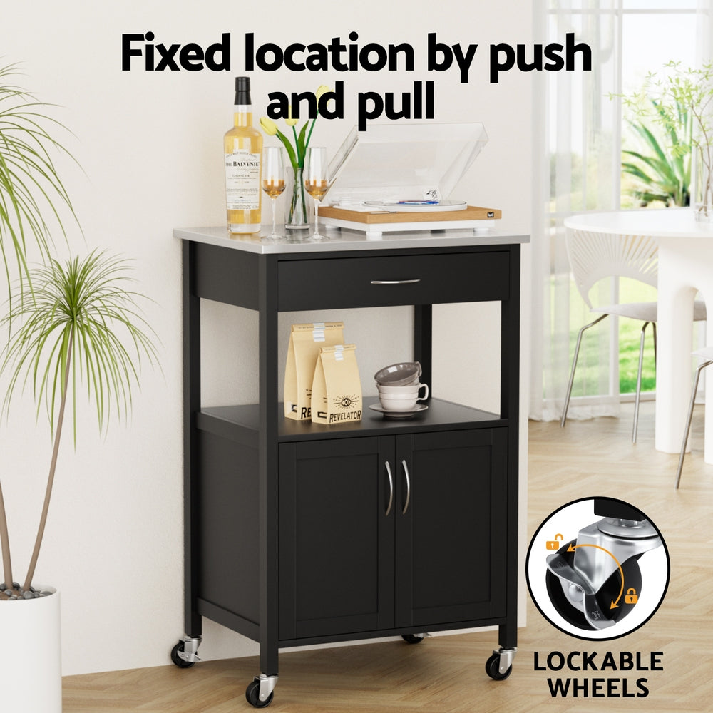 Kitchen Island Trolley with Drawer, Cupboard & Rolling Casters 60cm - Black & Silver