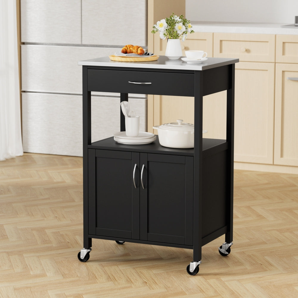 Kitchen Island Trolley with Drawer, Cupboard & Rolling Casters 60cm - Black & Silver