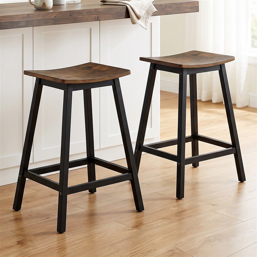 Bar Stools Set of 2 Kitchen Counter Stools Wooden Industrial Rustic Brown