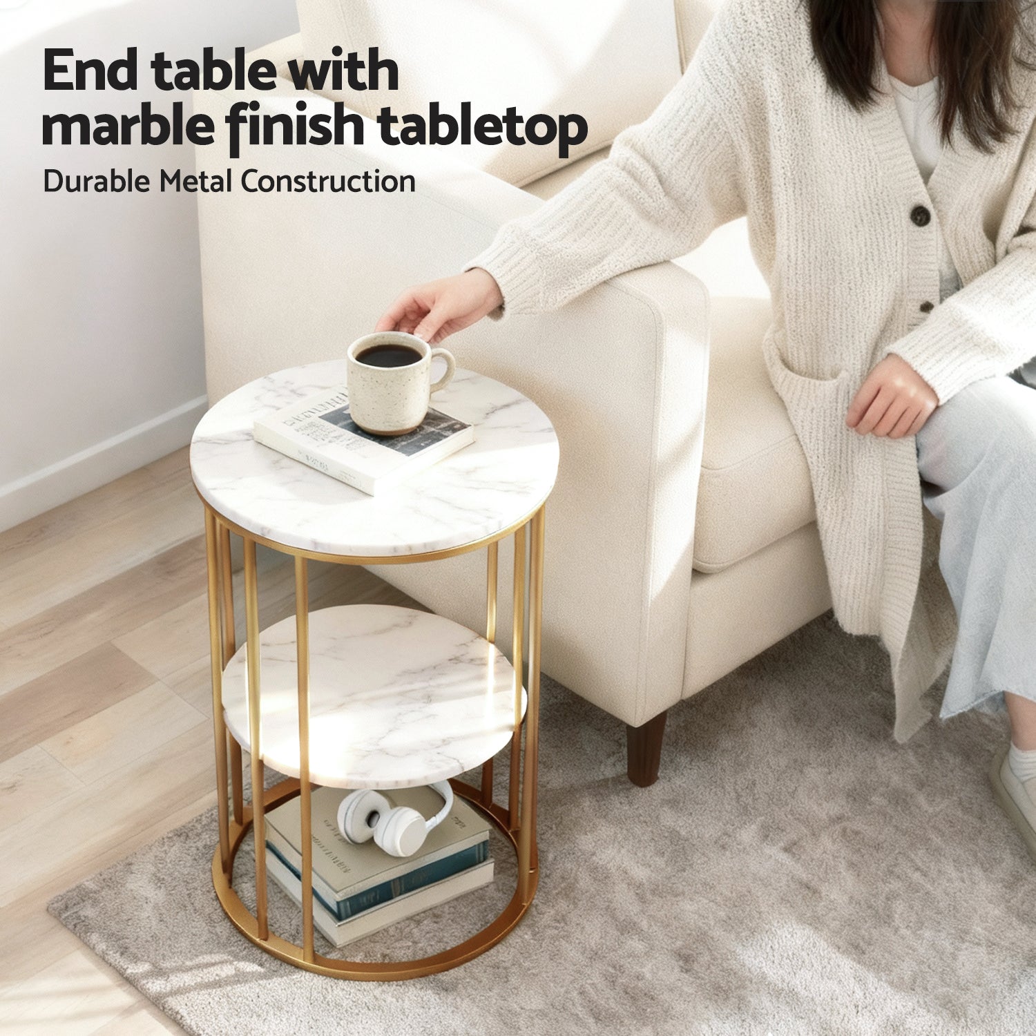 Coffee Table 2-Tier Round Marble Effect White&Gold