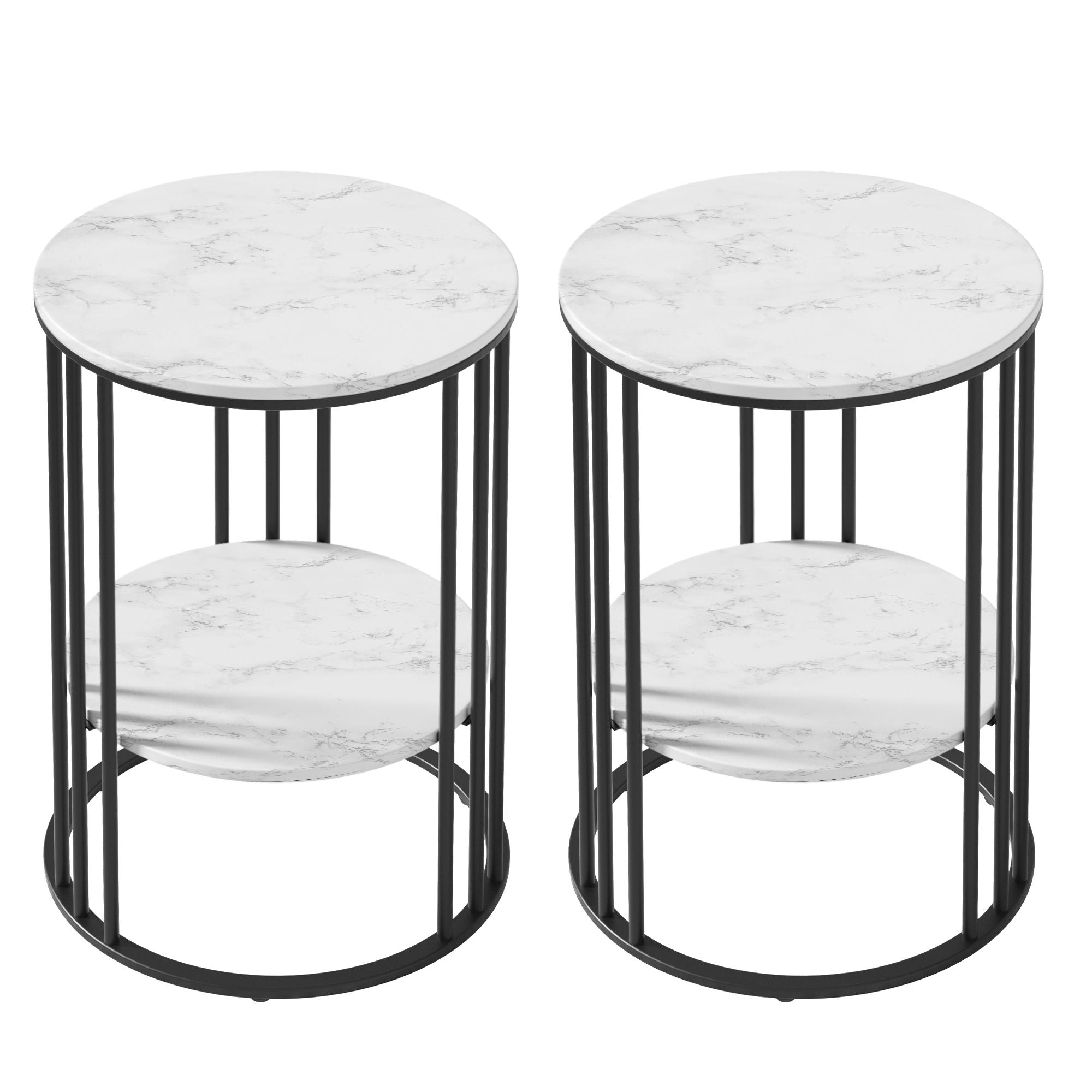 Set of 2 Side Table Coffee Table 2-Tier Round Marble Effect