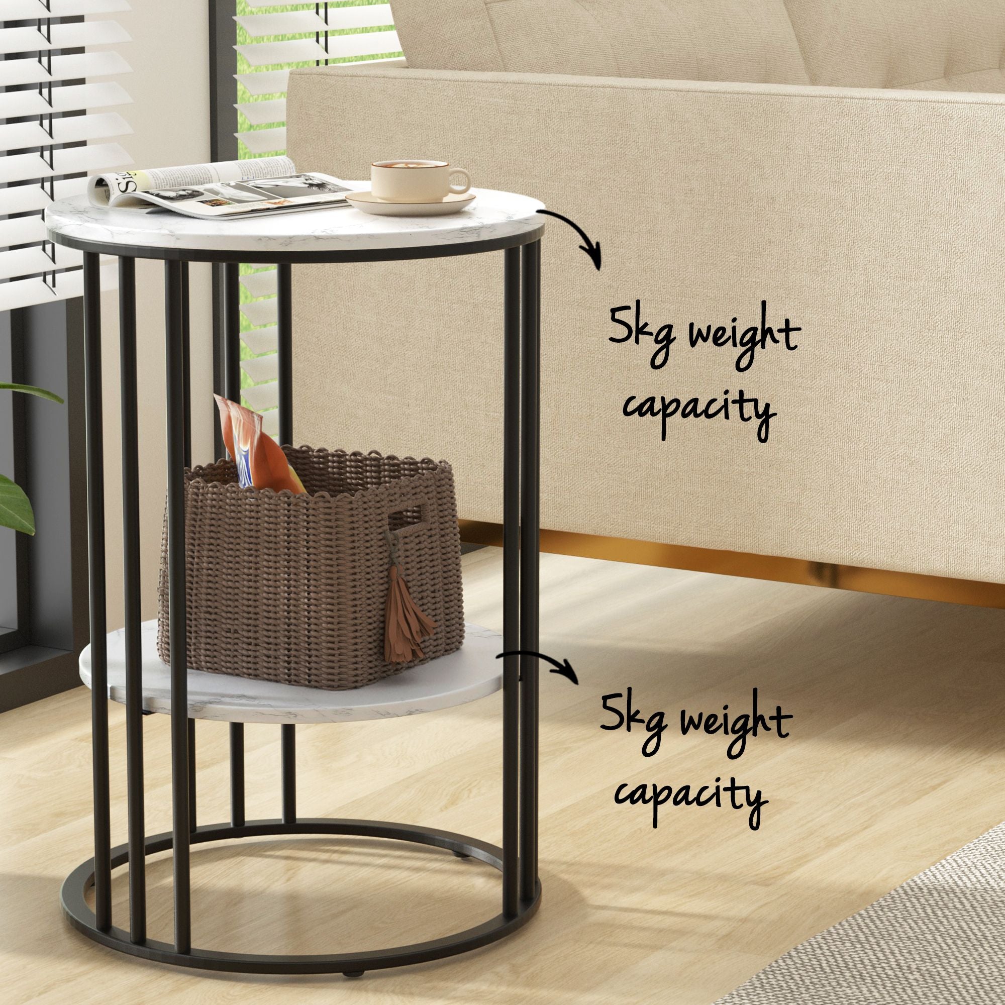 Set of 2 Side Table Coffee Table 2-Tier Round Marble Effect