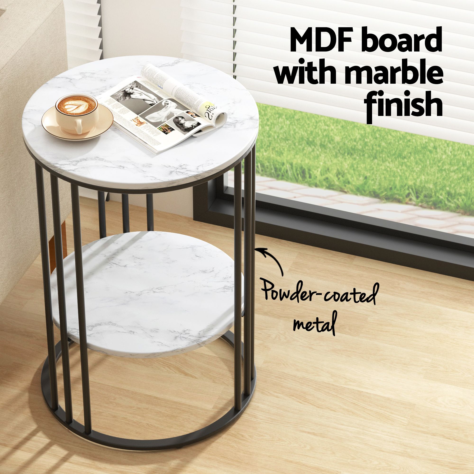 Set of 2 Side Table Coffee Table 2-Tier Round Marble Effect