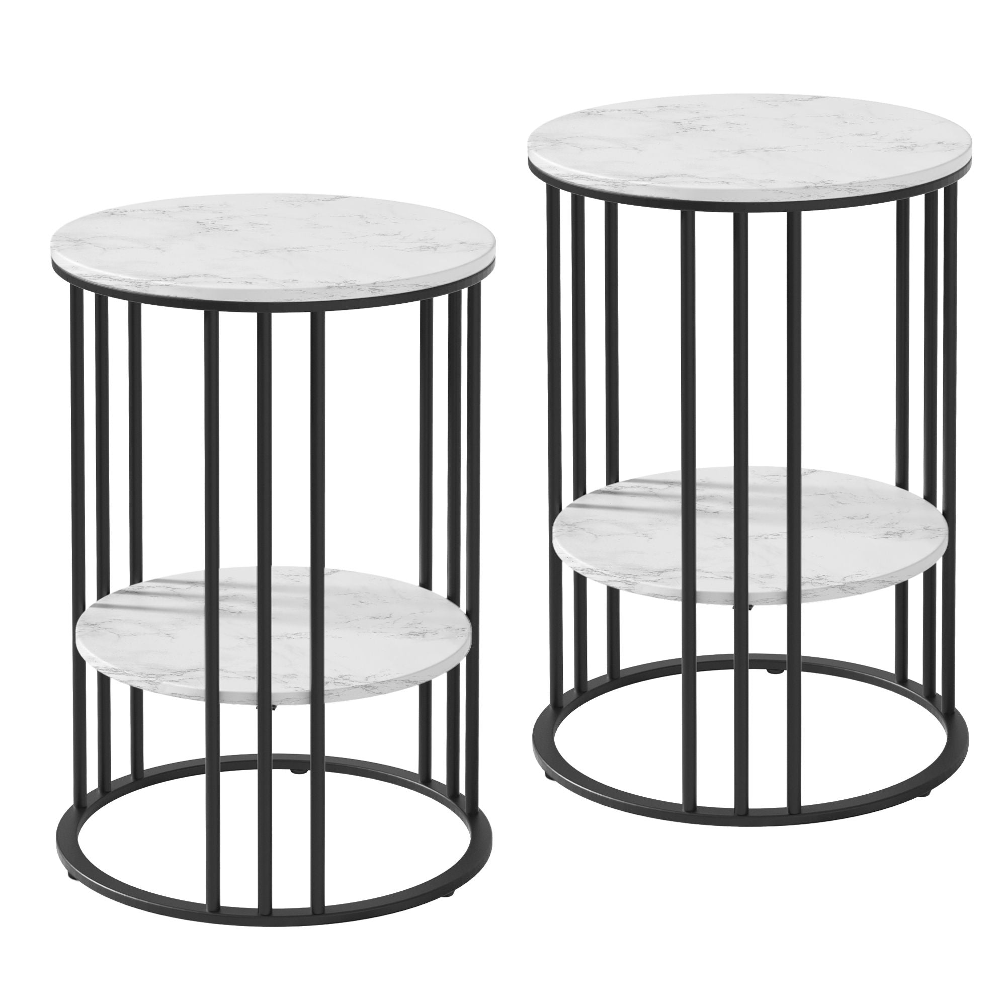 Set of 2 Side Table Coffee Table 2-Tier Round Marble Effect