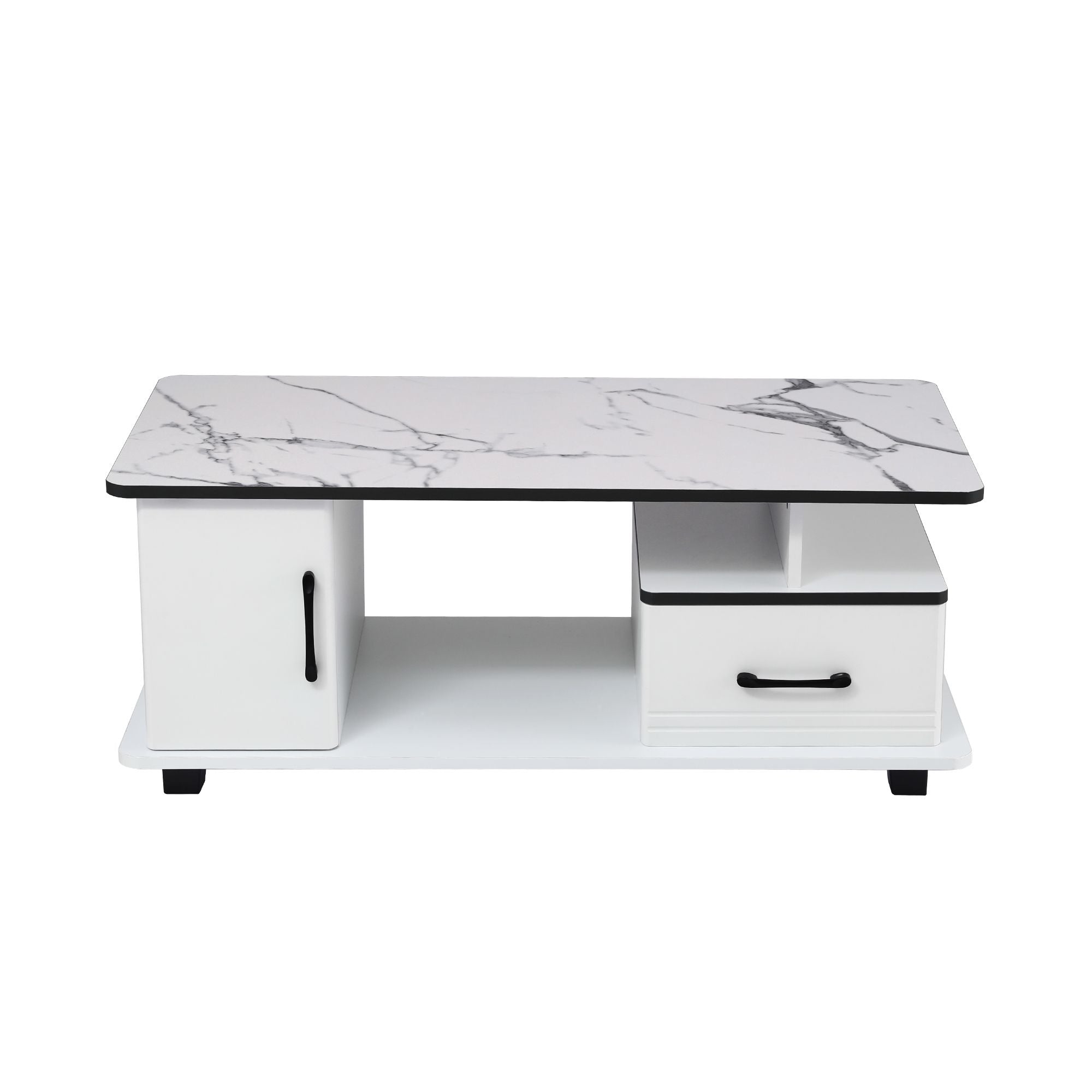 Coffee Table Marble Finish Center Table with Storage Drawer Cabinet Wood White