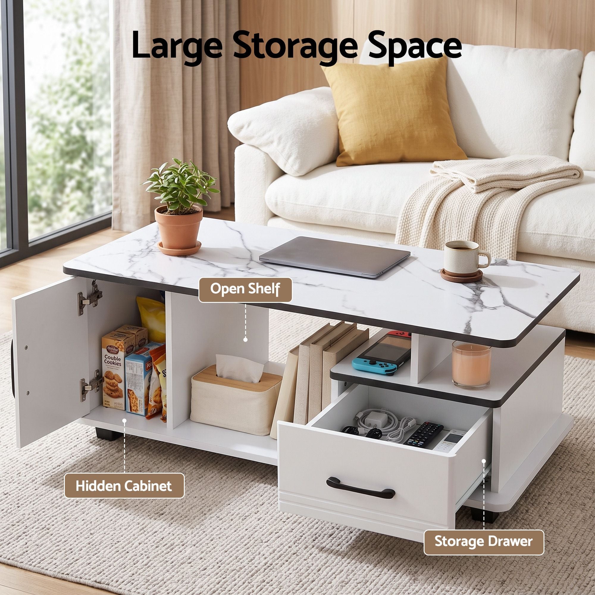 Coffee Table Marble Finish Center Table with Storage Drawer Cabinet Wood White