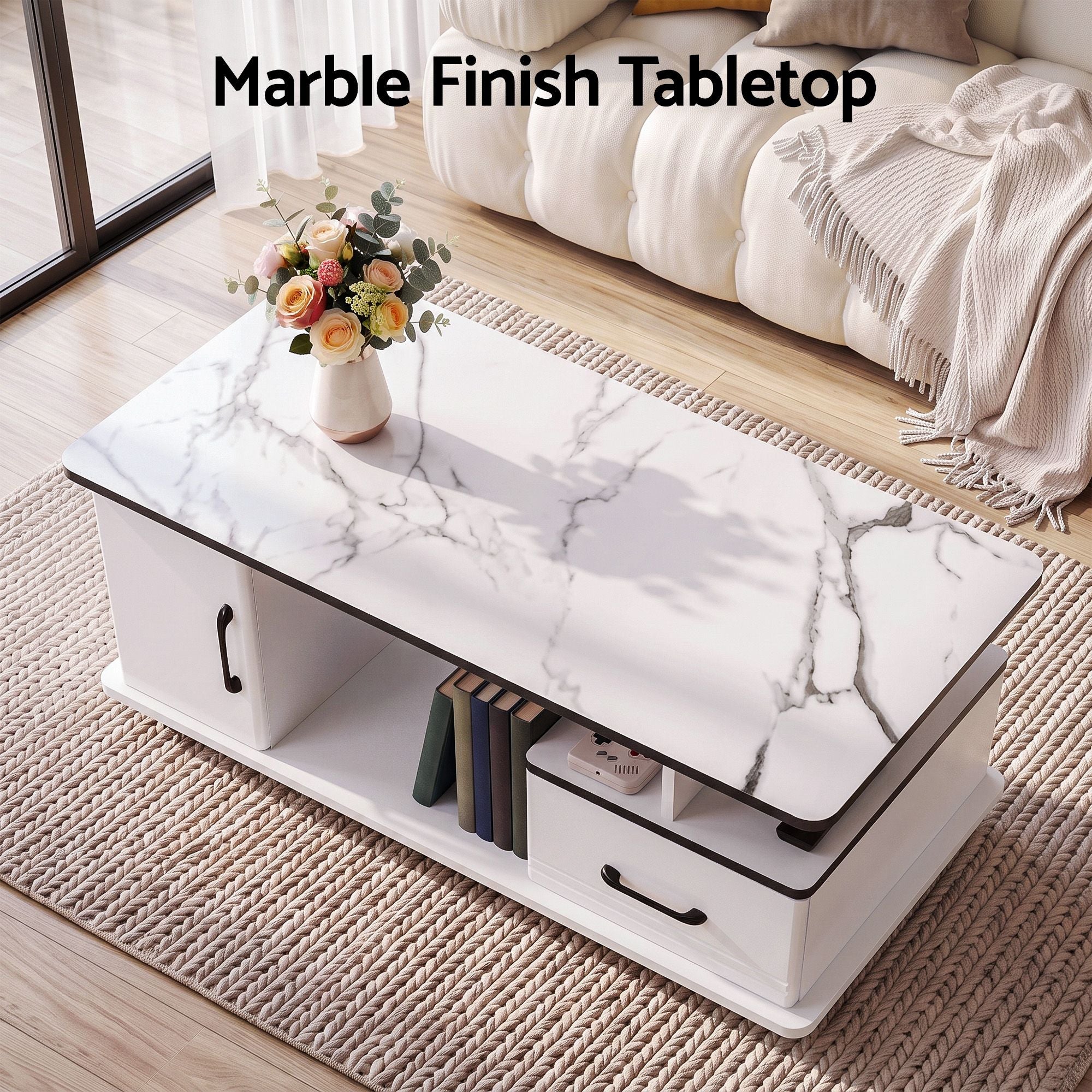 Coffee Table Marble Finish Center Table with Storage Drawer Cabinet Wood White