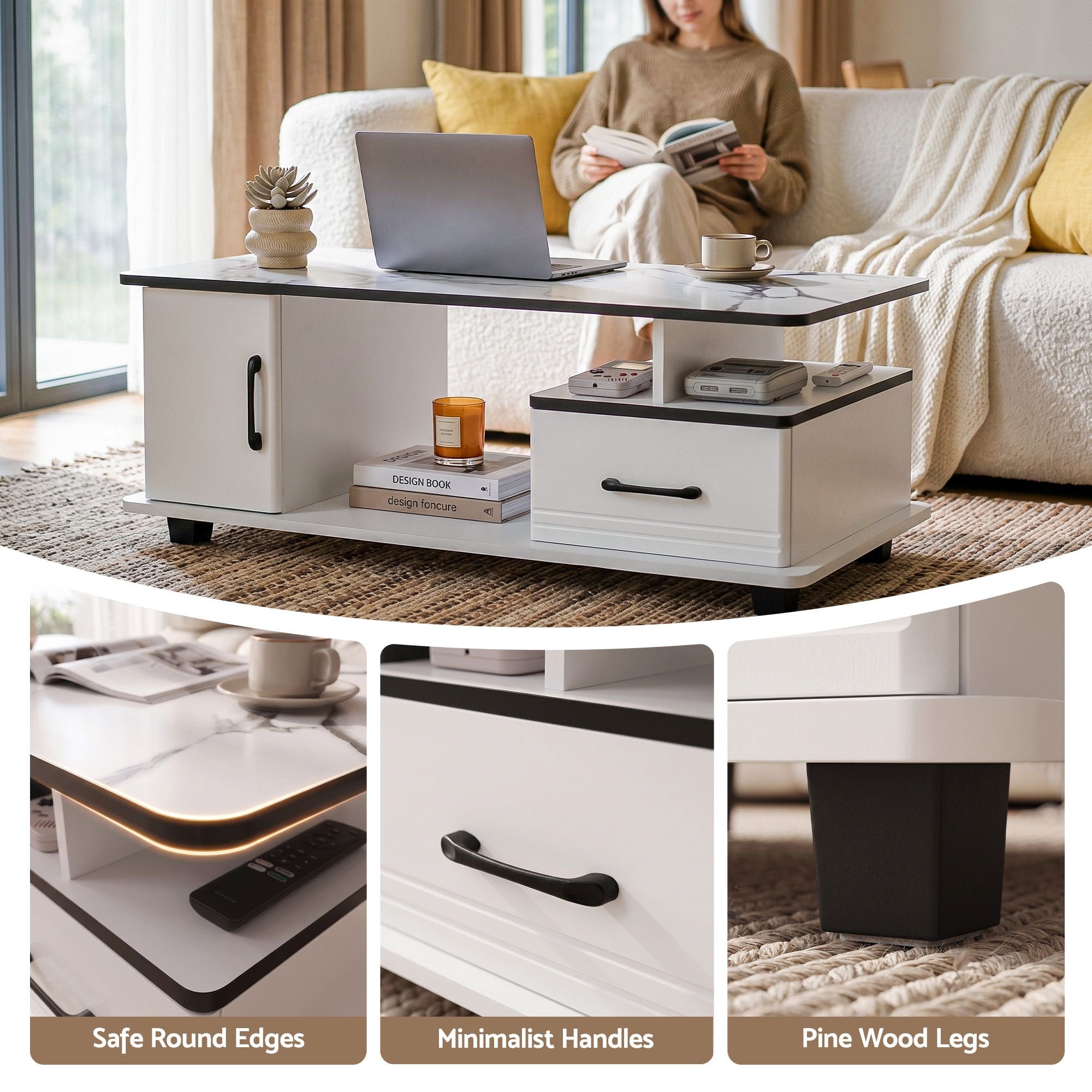 Coffee Table Marble Finish Center Table with Storage Drawer Cabinet Wood White