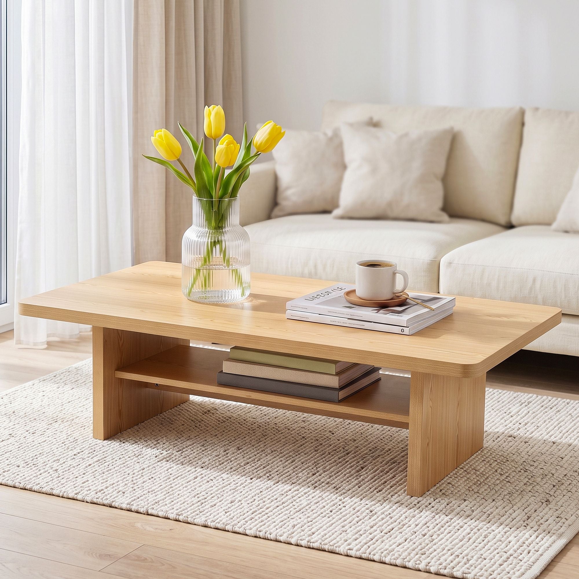 Coffee Table 110cm Center Table with 2-Tier Open Storage Shelf Wood
