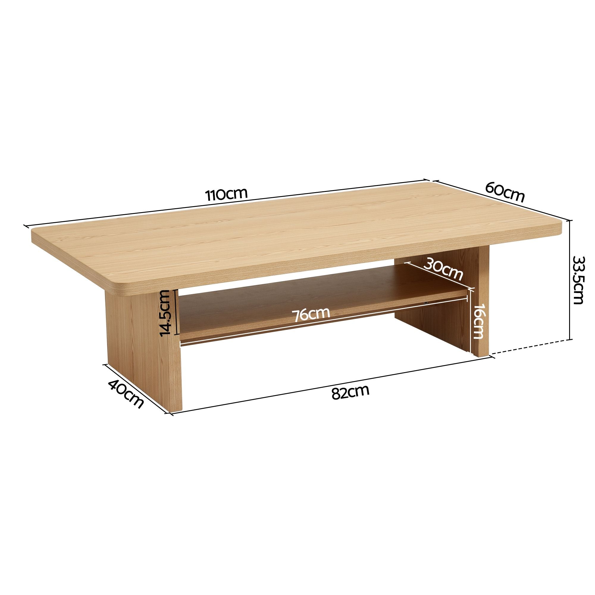 Coffee Table 110cm Center Table with 2-Tier Open Storage Shelf Wood
