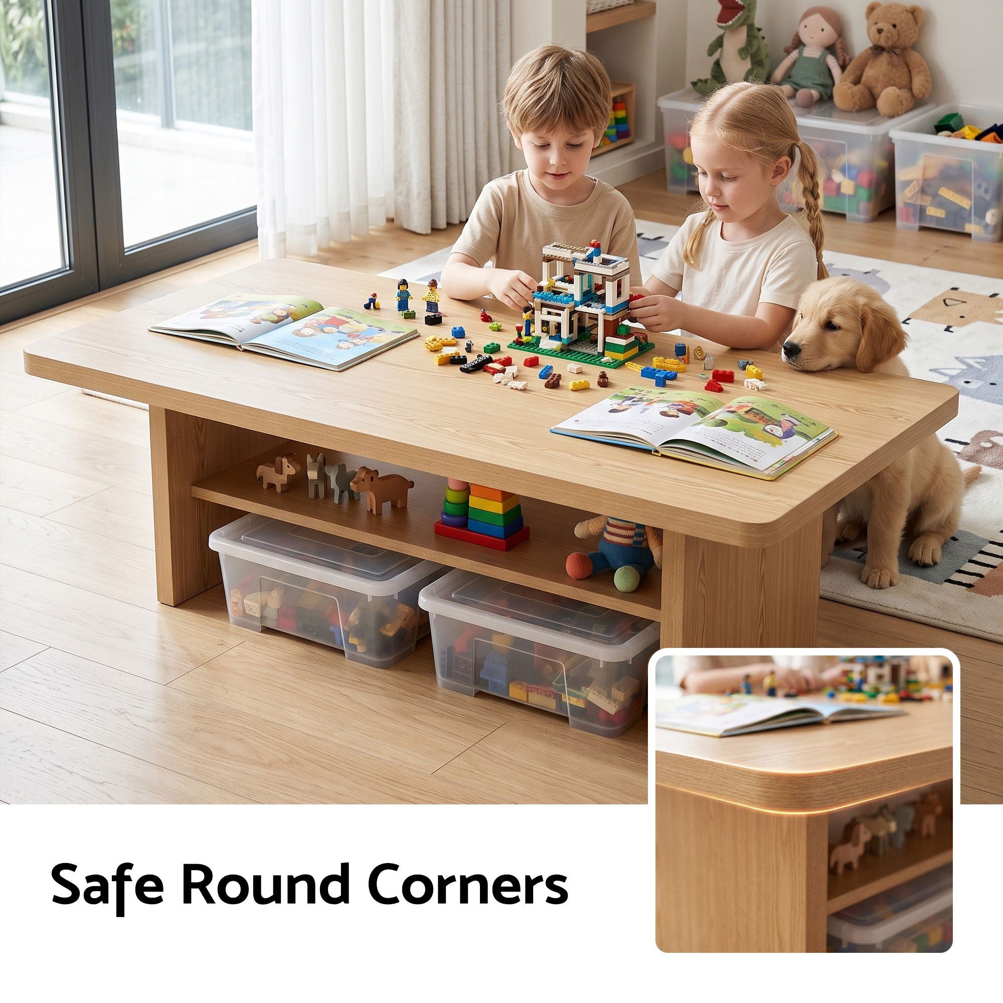 Coffee Table 110cm Center Table with 2-Tier Open Storage Shelf Wood