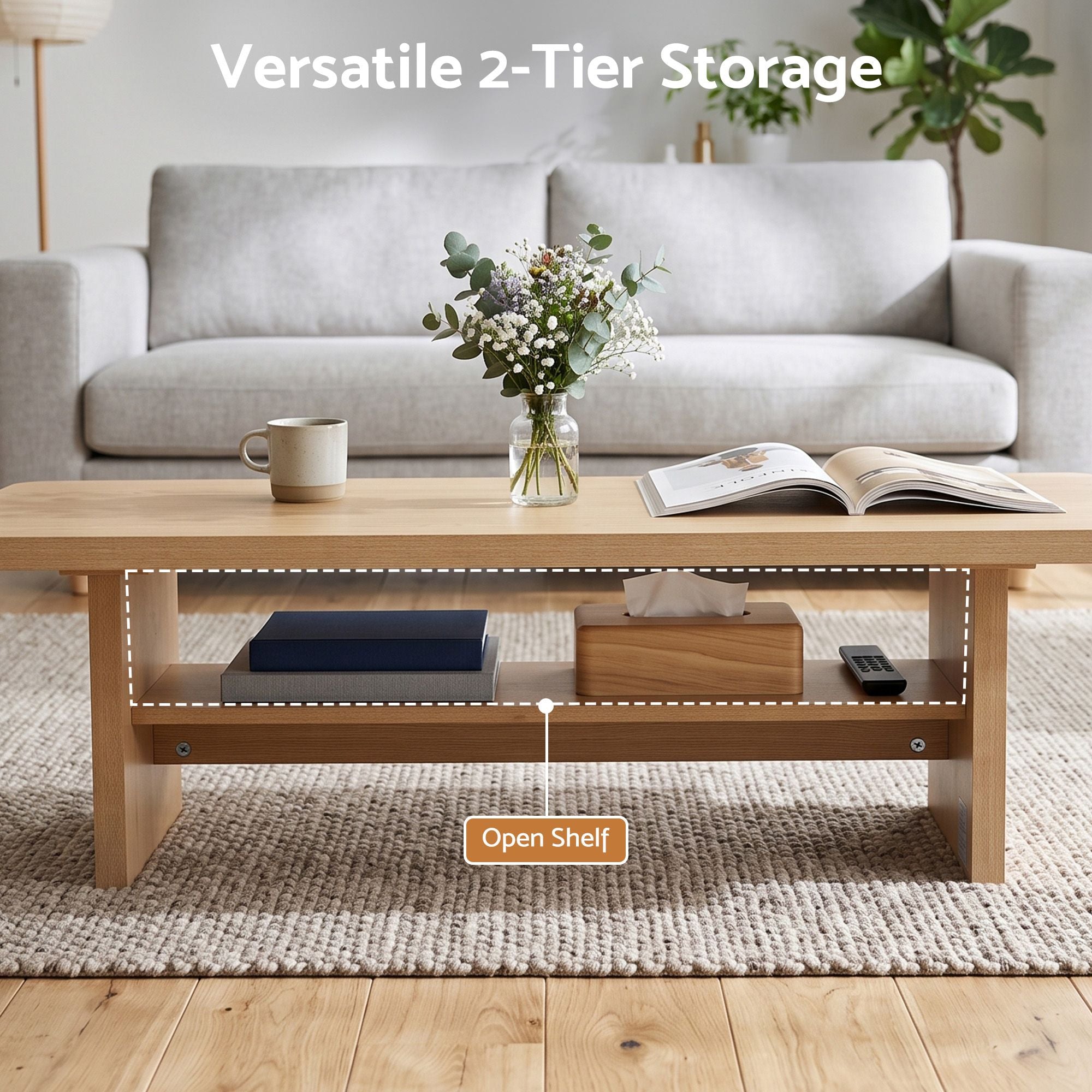Coffee Table 110cm Center Table with 2-Tier Open Storage Shelf Wood