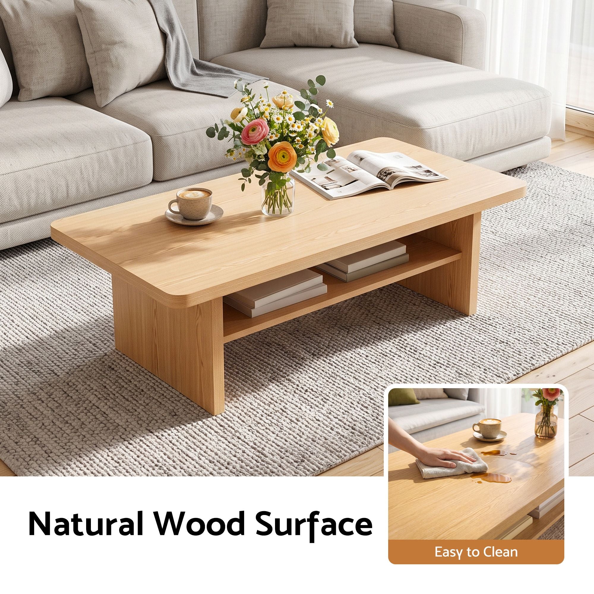 Coffee Table 110cm Center Table with 2-Tier Open Storage Shelf Wood