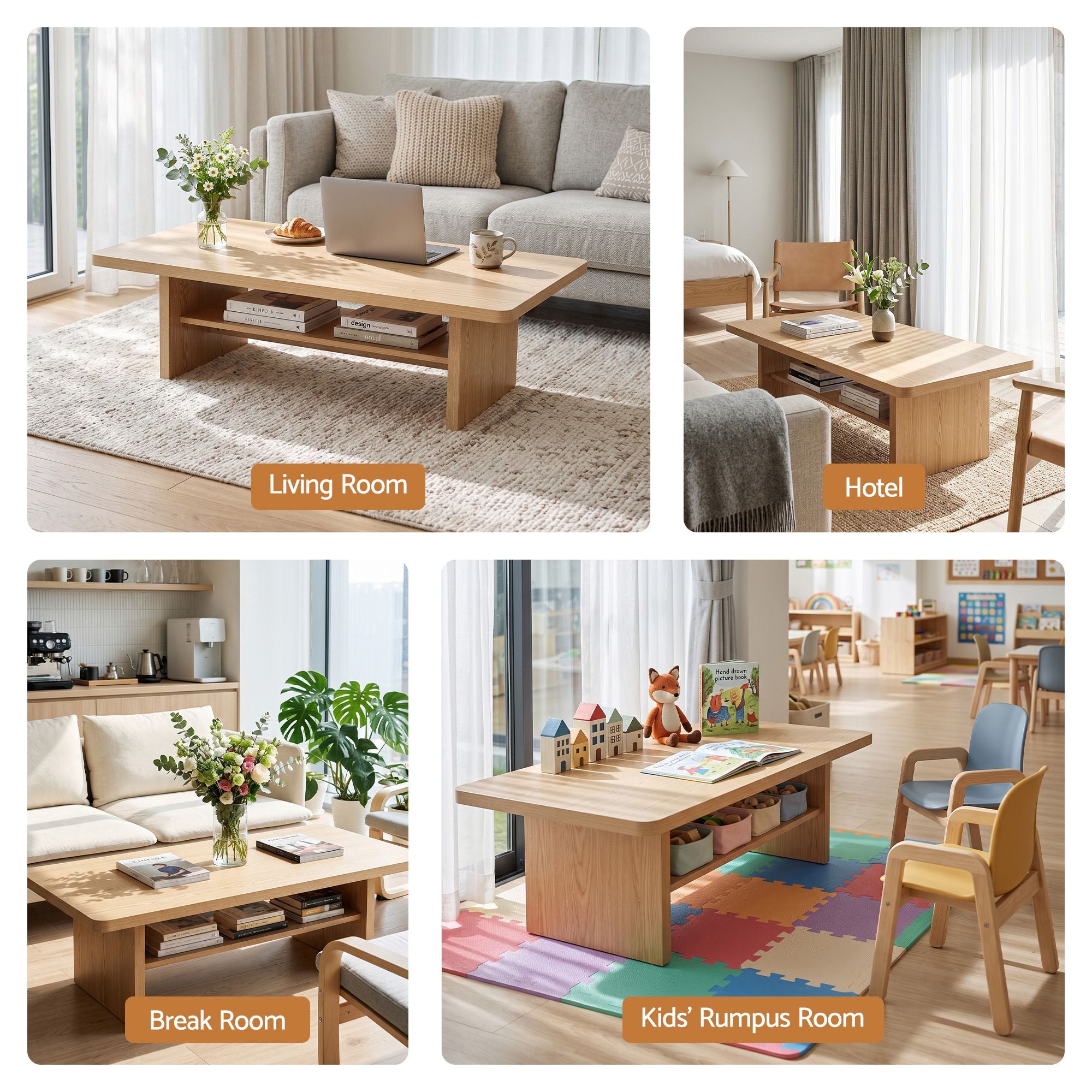 Coffee Table 110cm Center Table with 2-Tier Open Storage Shelf Wood