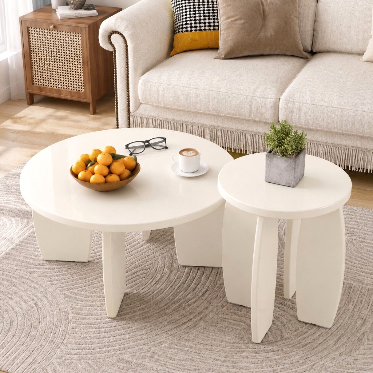 Set of 2 High Gloss Round Coffee and Side Tables - Cream