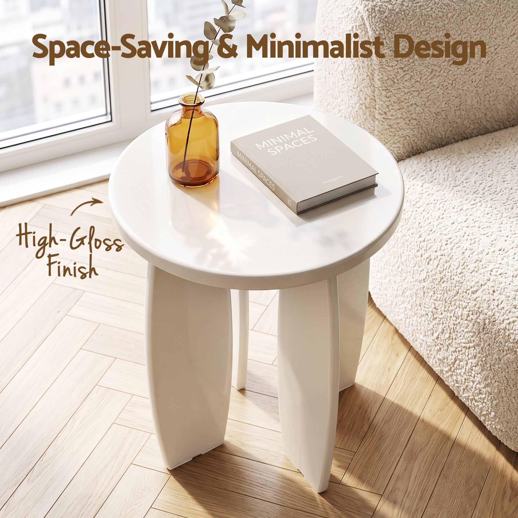 Round End Table High-Gloss Small Coffee Table Side Bedside Nightstand 40x45cm Cream white