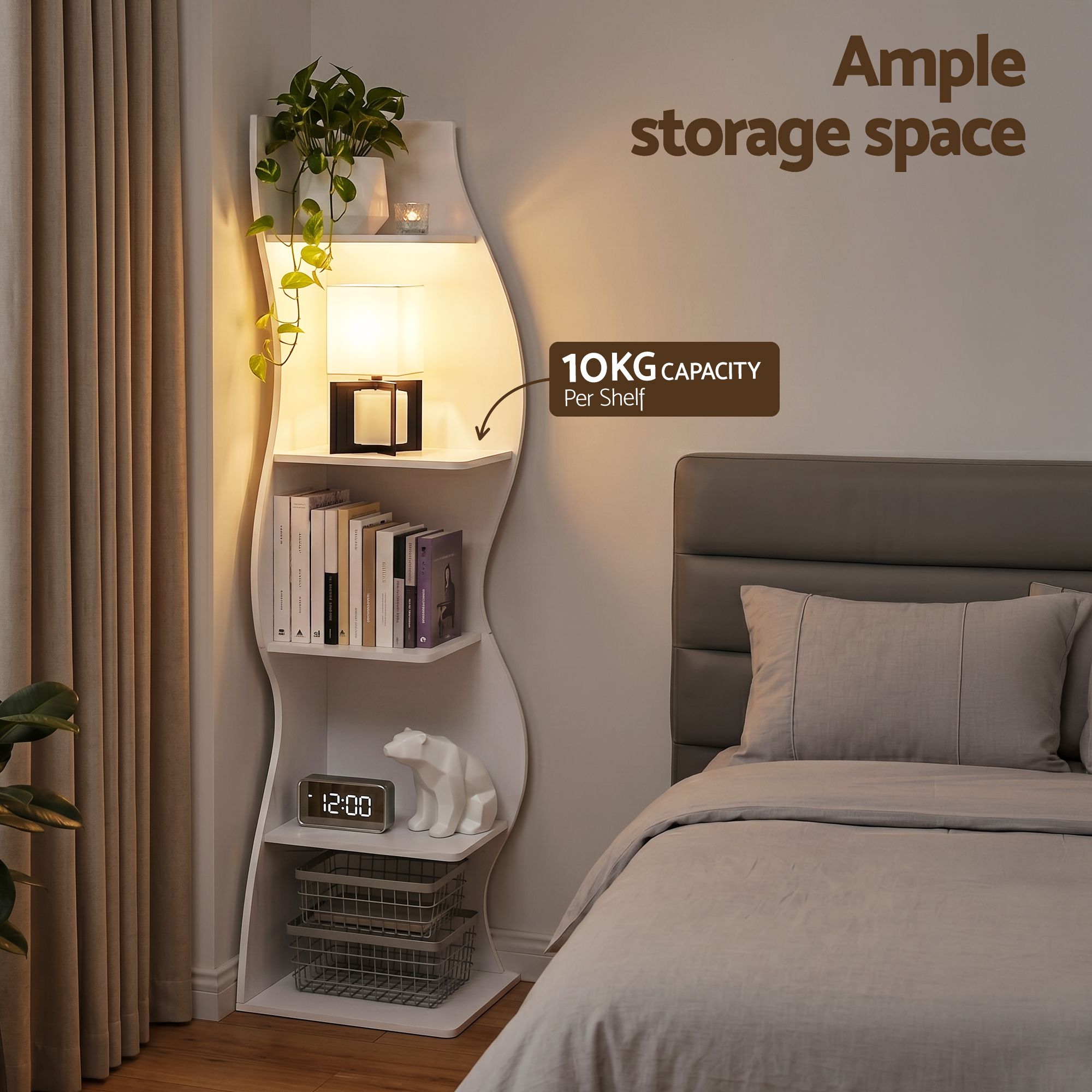 5-Tier Bookshelf Corner Shelf S-shaped Storage Rack White