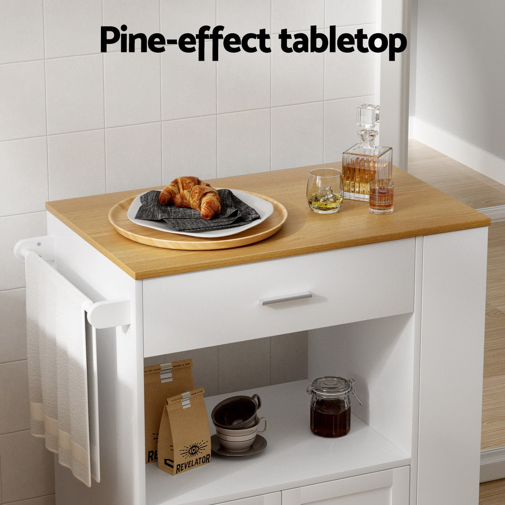 Kitchen Island Trolley Rolling Serving Cart with Waterproof Countertop - White Pine