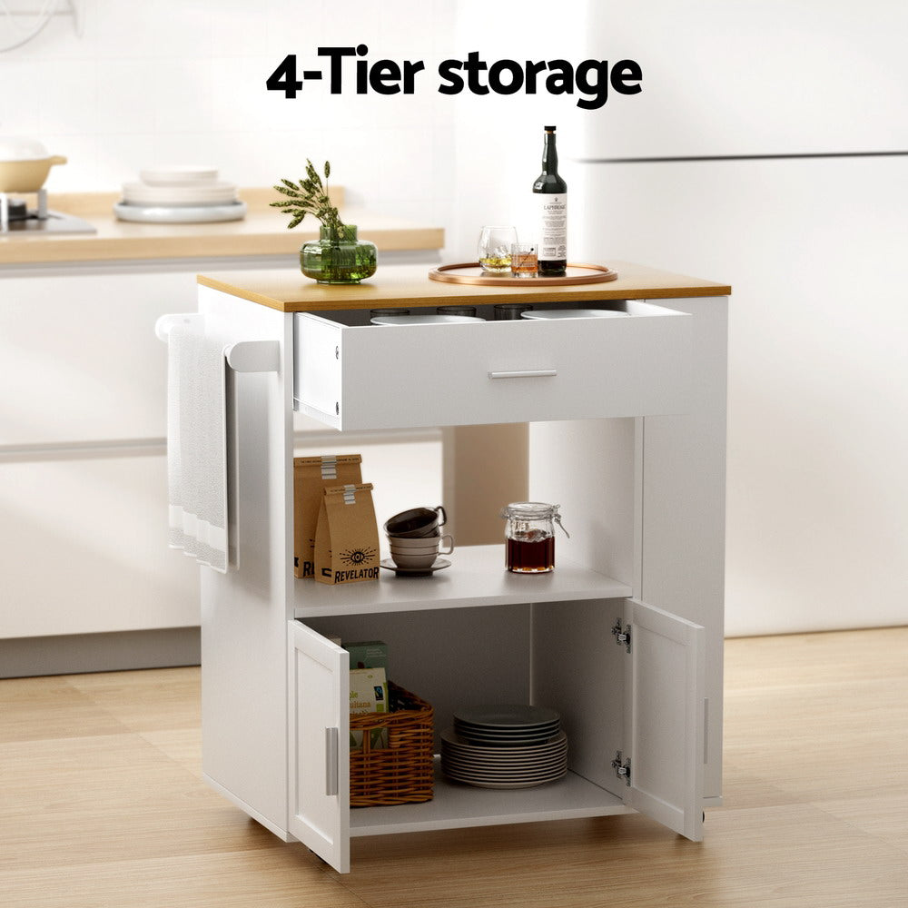 Kitchen Island Trolley Rolling Serving Cart with Waterproof Countertop - White Pine