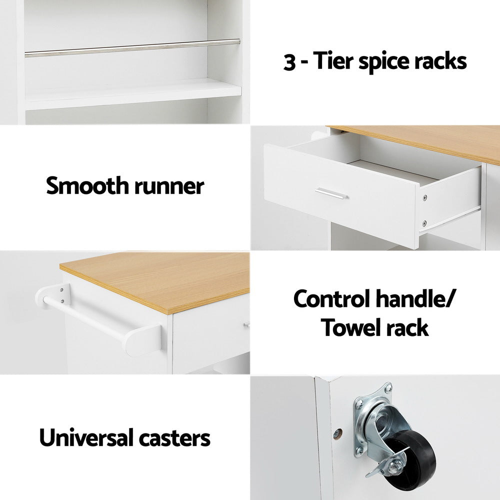 Kitchen Island Trolley Rolling Serving Cart with Waterproof Countertop - White Pine