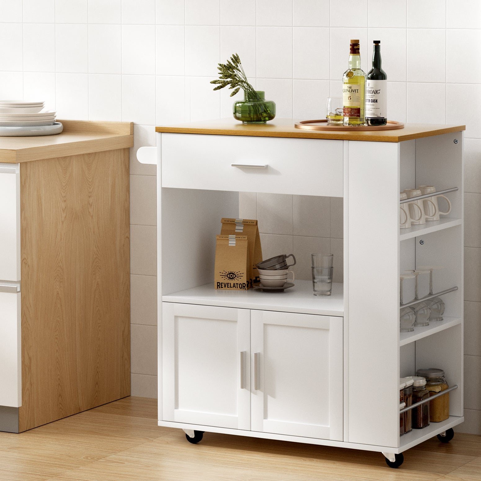 Kitchen Island Trolley Rolling Serving Cart with Waterproof Countertop - White Pine
