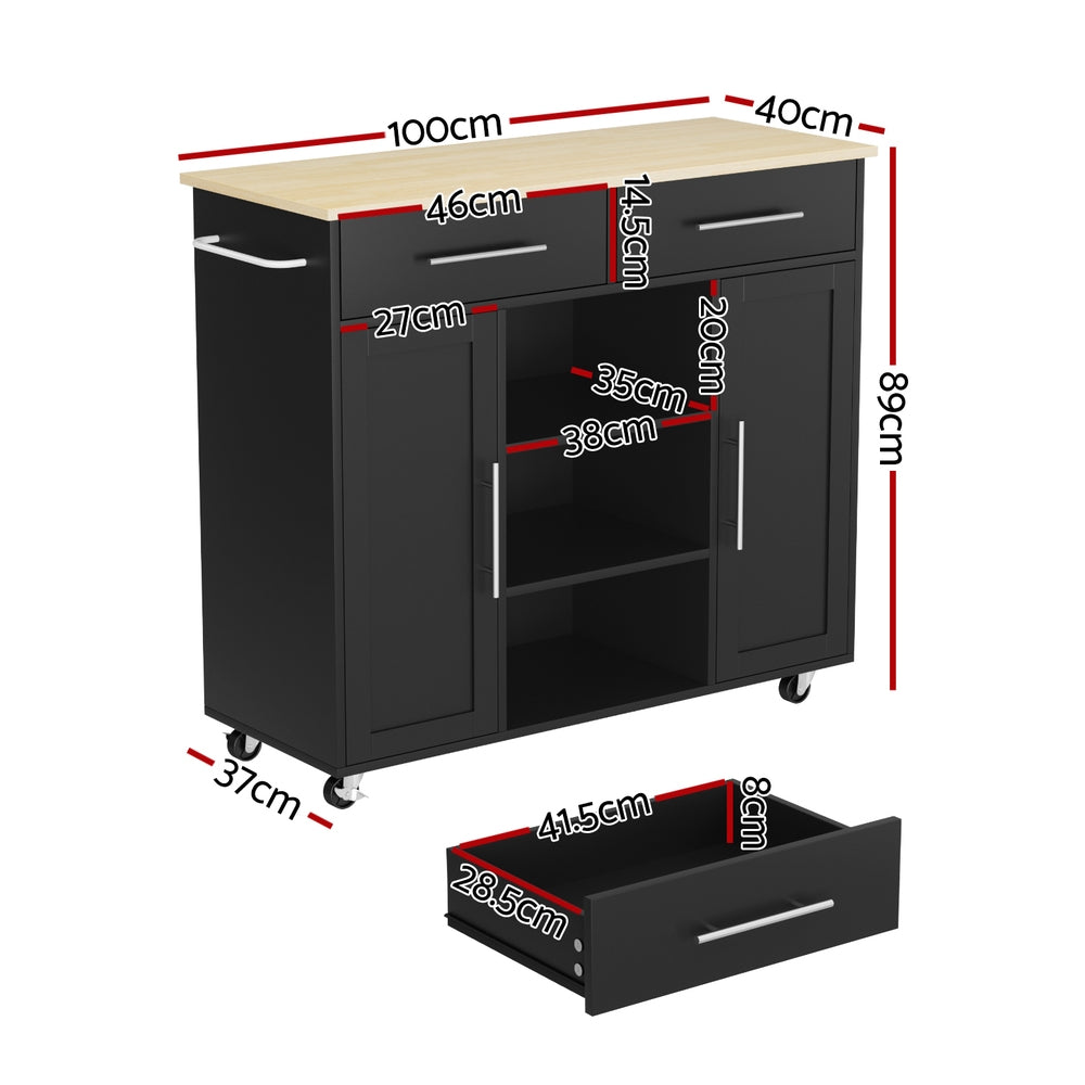 Kitchen Island Trolley with Storage Drawers, Cabinets & Shelves 100cm - Black