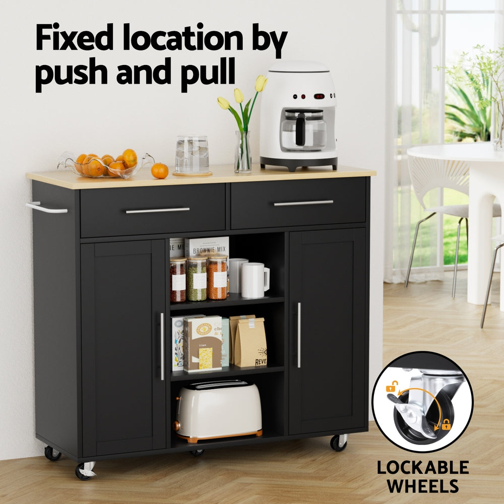 Kitchen Island Trolley with Storage Drawers, Cabinets & Shelves 100cm - Black