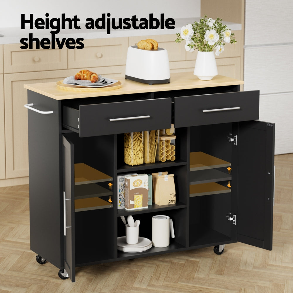 Kitchen Island Trolley with Storage Drawers, Cabinets & Shelves 100cm - Black