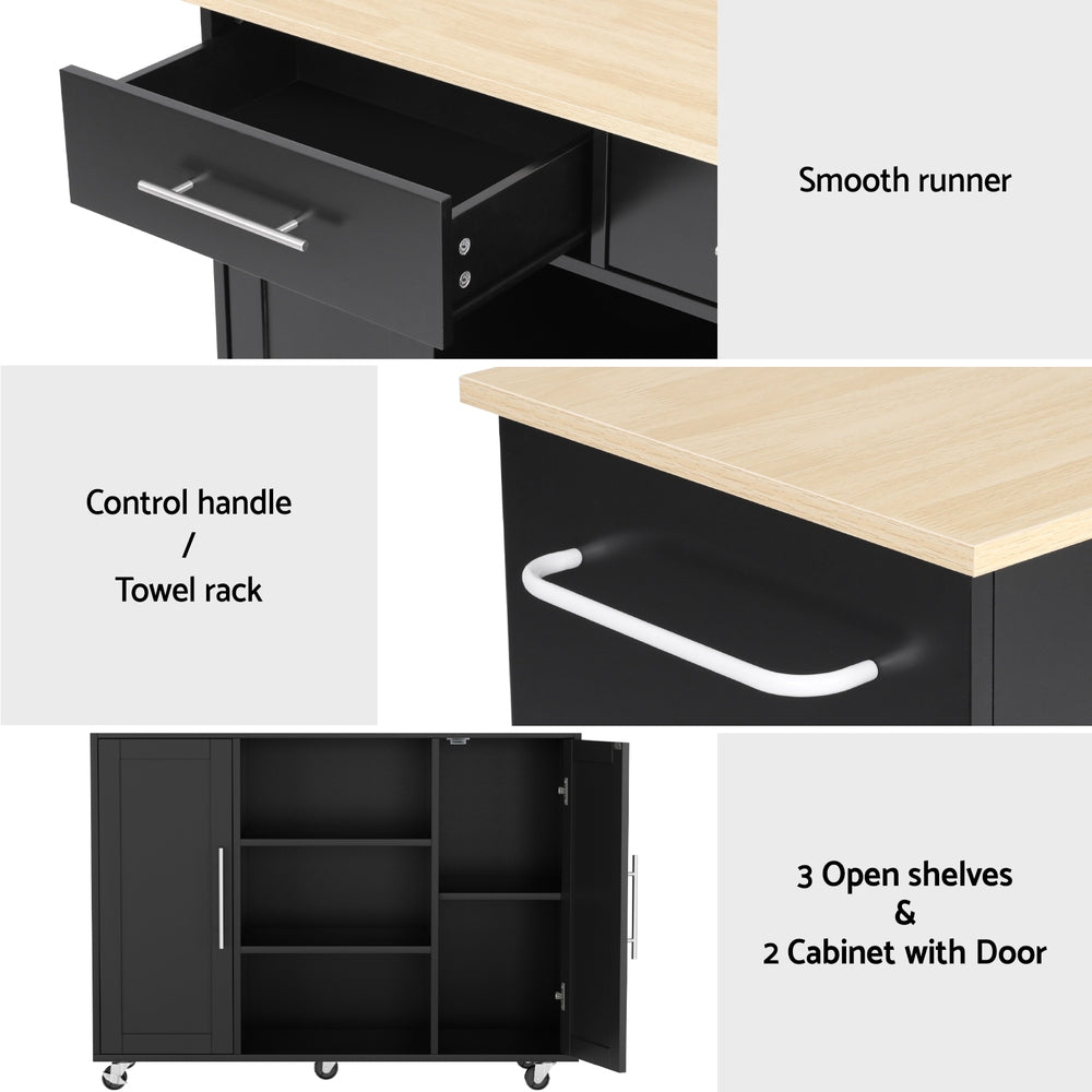 Kitchen Island Trolley with Storage Drawers, Cabinets & Shelves 100cm - Black