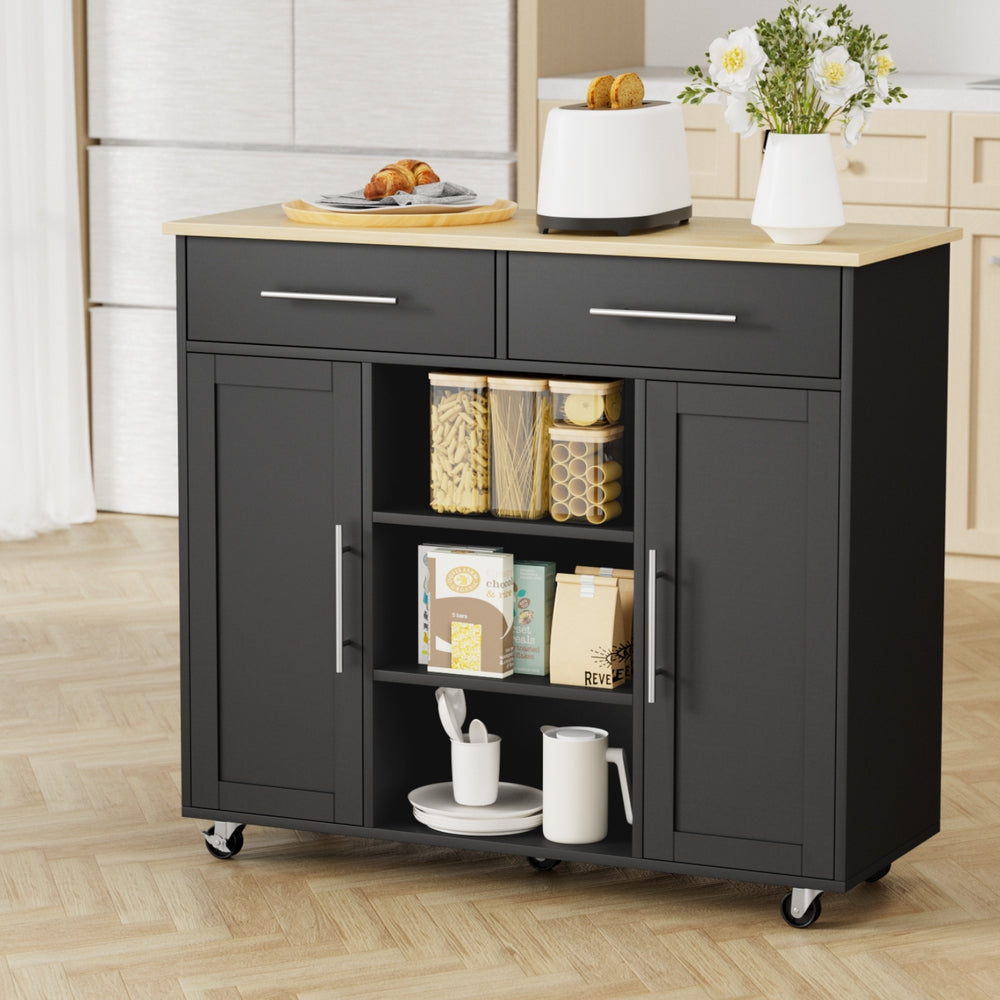 Kitchen Island Trolley with Storage Drawers, Cabinets & Shelves 100cm - Black