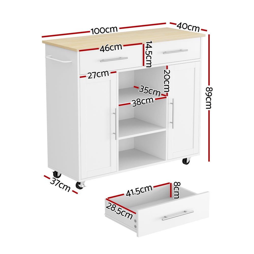 Kitchen Island Trolley with Rolling Cart, Storage Drawers & Cabinet 100cm - White