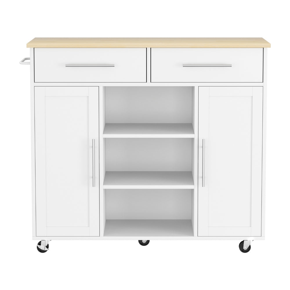 Kitchen Island Trolley with Rolling Cart, Storage Drawers & Cabinet 100cm - White