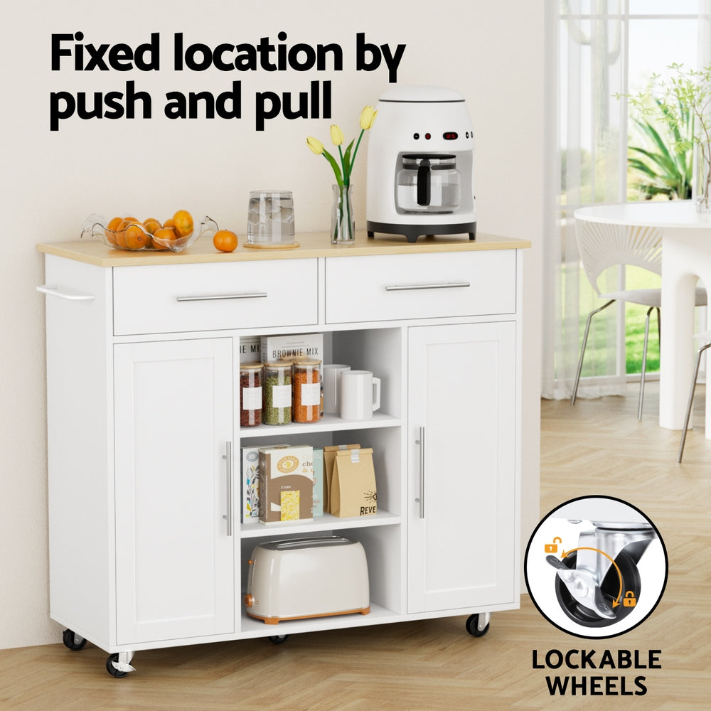 Kitchen Island Trolley with Rolling Cart, Storage Drawers & Cabinet 100cm - White
