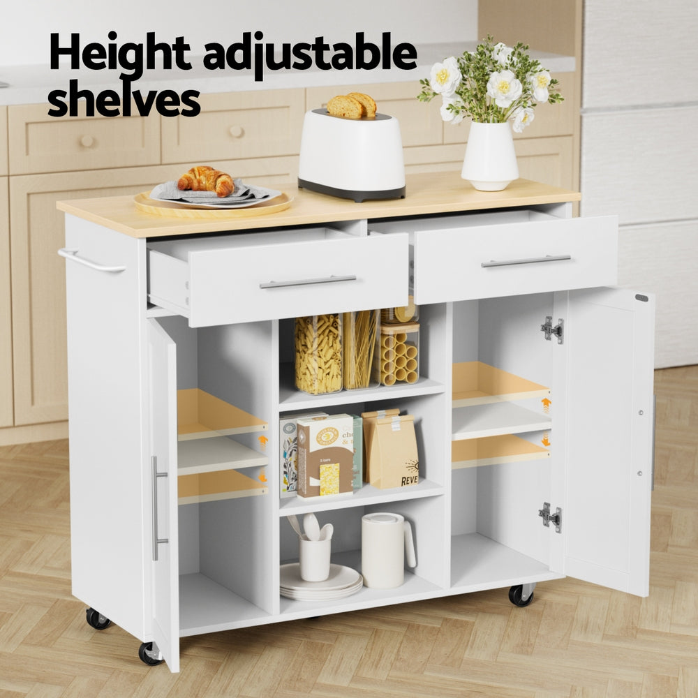 Kitchen Island Trolley with Rolling Cart, Storage Drawers & Cabinet 100cm - White