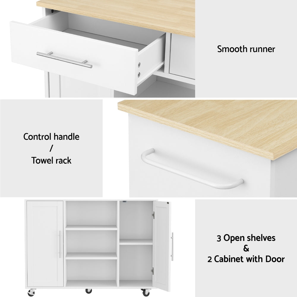 Kitchen Island Trolley with Rolling Cart, Storage Drawers & Cabinet 100cm - White